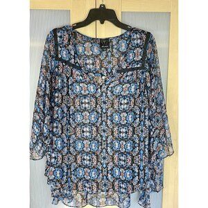 Ella Moss Silk Bohemian Blouse Sz L Flowy‎ Sheer Fairy Summer Casual Peasant Top